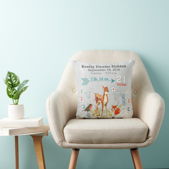 Nursery Baby Birth Stat Fox Deer Floral Arrow Cushion (Chair)