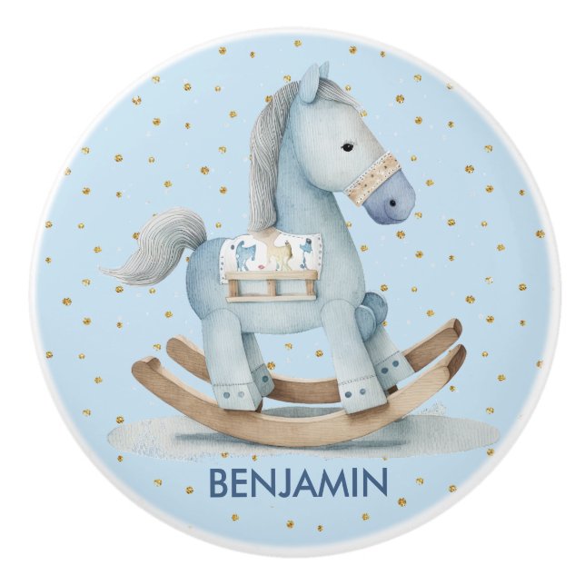 Nursery Baby Blue Rocking Horse Name Drawer Ceramic Knob (Front)