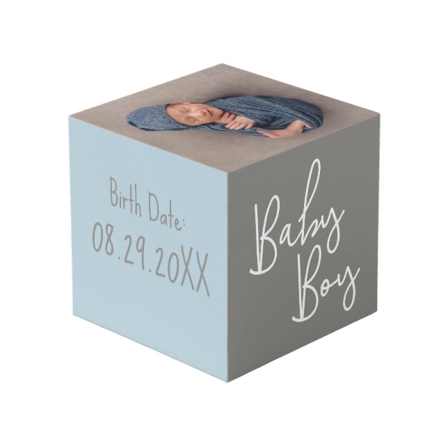 Nursery baby photo birth Date Blue grey Cube (Back Angled)