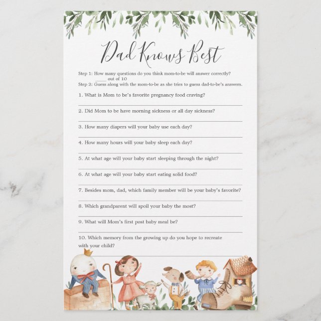 Nursery Baby Shower Dad Knows Best Game (Front)