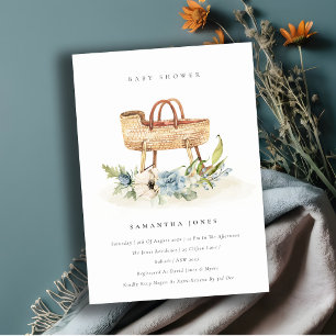 Nursery Blue Floral Bassinet Baby Shower Invite
