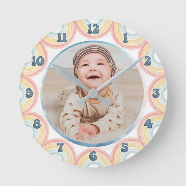 Nursery Custom Baby Photo Watercolor Rainbows Cute Round Clock (Front)