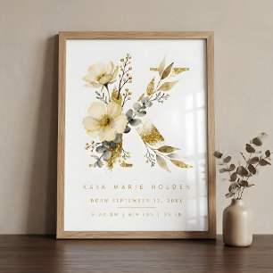 Nursery Cute Romantic Floral K Letter Gold Effect Poster