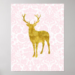 Nursery Decor Gold Deer Girly Pink Damask