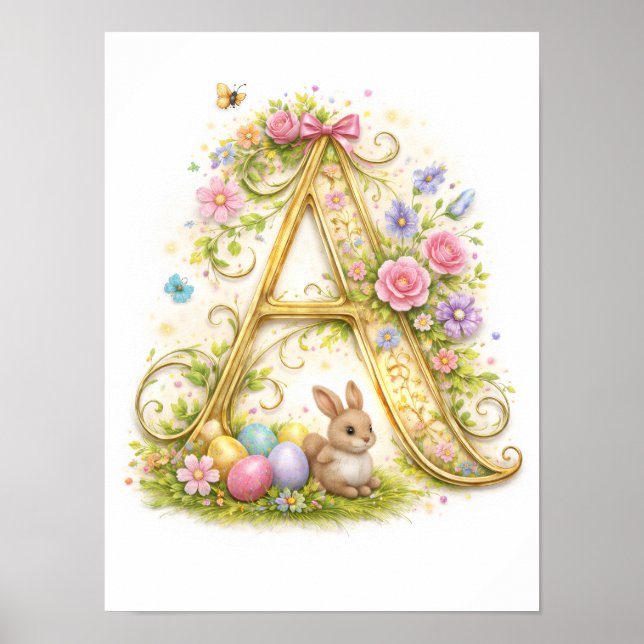 Nursery Letter A Baby Initial Gold Floral Poster (Front)