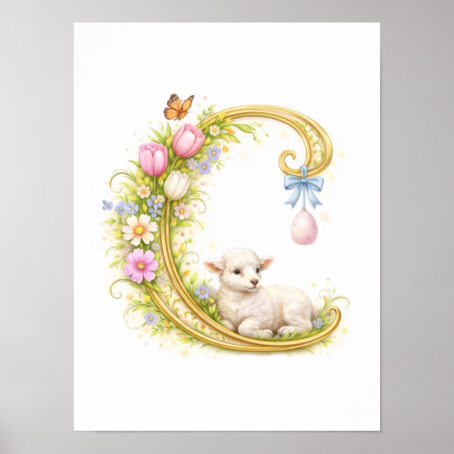 Nursery Letter C Lamb Baby Initial Gold Floral Poster (Front)