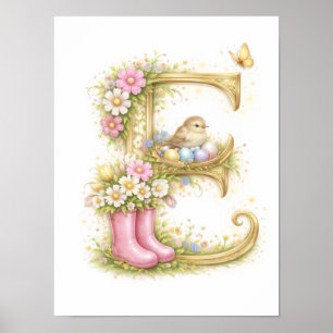 Nursery Letter E Baby Bird Initial Gold Floral Poster