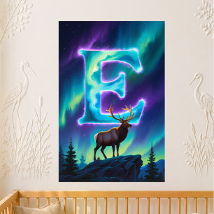 Nursery Letter E Name Northern Lights Elk Baby Poster