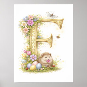 Nursery Letter F Hedgehog Baby Initial Gold Floral Poster