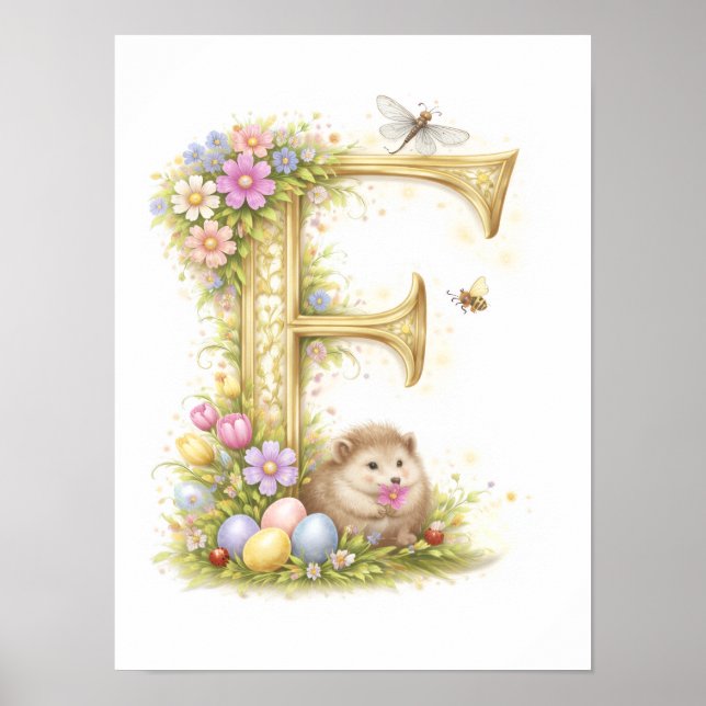 Nursery Letter F Hedgehog Baby Initial Gold Floral Poster (Front)