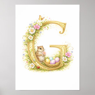 Nursery Letter G Chipmunk Baby Initial Gold Floral Poster