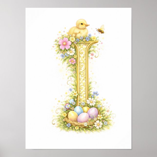 Nursery Letter I Baby Duckling Initial Gold Floral Poster (Front)