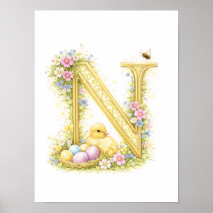 Nursery Letter N Baby Duckling Initial Gold Floral Poster