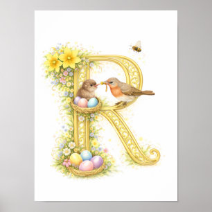 Nursery Letter R Baby Robin Initial Gold Floral Poster