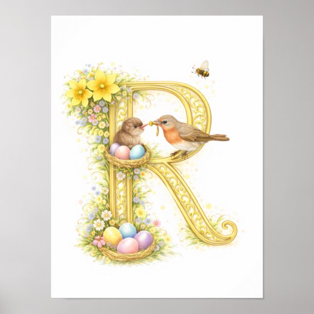Nursery Letter R Baby Robin Initial Gold Floral Poster (Front)