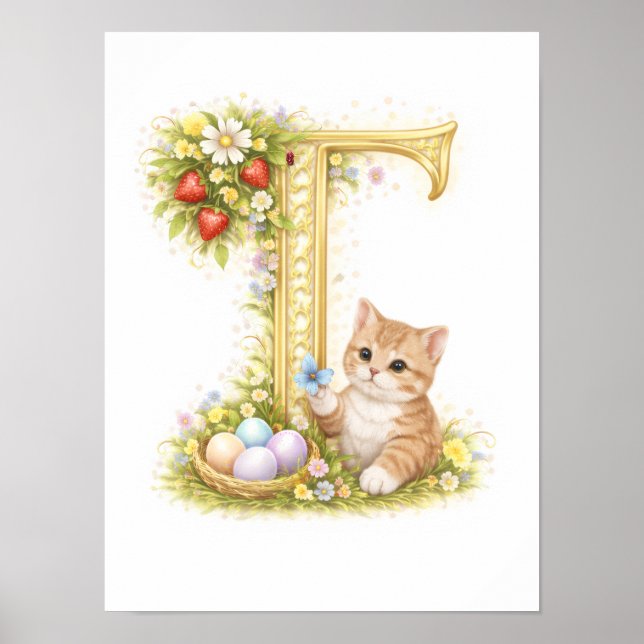 Nursery Letter T Baby Kitten Initial Gold Floral Poster (Front)