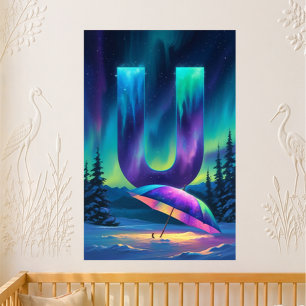 Nursery Letter U Name Northern Lights Umbrella Poster