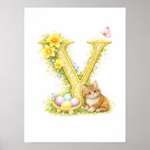 Nursery Letter Y Baby Kitten Initial Gold Floral