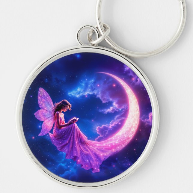 Nursery pink fairy fantasy glitter neon moon key ring (Front)