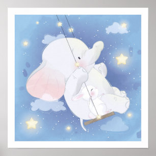 NURSERY POSTER : BABY ELEPHANT + BUNNY