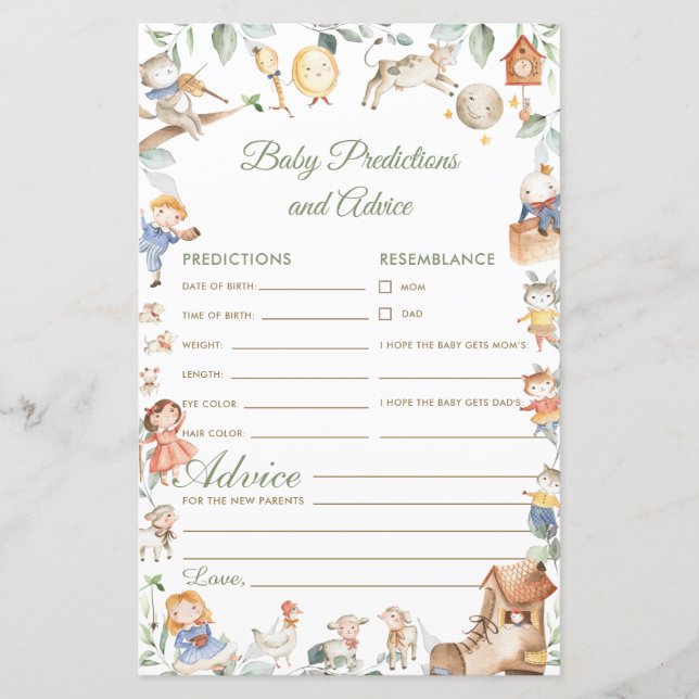 Nursery Rhyme Baby Predictions and Advice Activity (Front)
