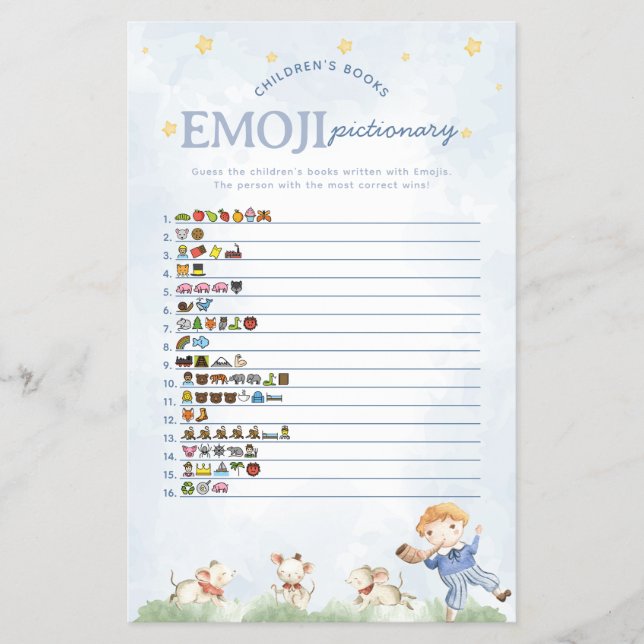 Nursery Rhyme Emoji Pictionary Baby Shower Game Flyer (Front)