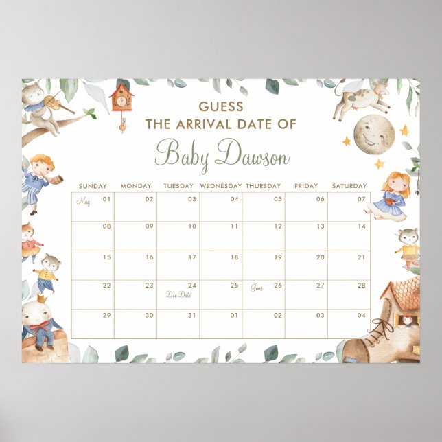 Nursery Rhyme Guess Baby Arrival Date Shower Game Poster (Front)