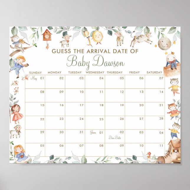 Nursery Rhyme Guess Baby Arrival Date Shower Game Poster (Front)