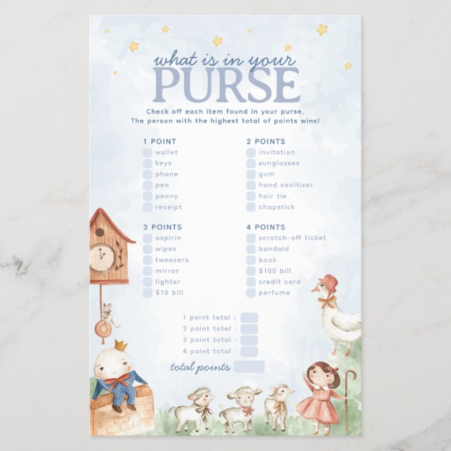 Nursery Rhyme Purse Baby Shower Game Flyer (Front)