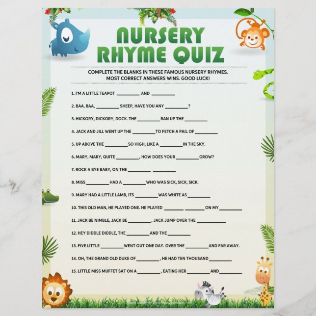 Nursery Rhyme Quiz [Animal Theme]  Custom Letterhead (Front)