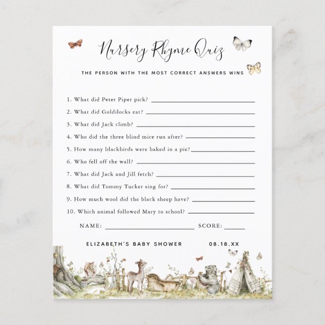 Nursery Rhyme Quiz | Baby Shower Game (Front)