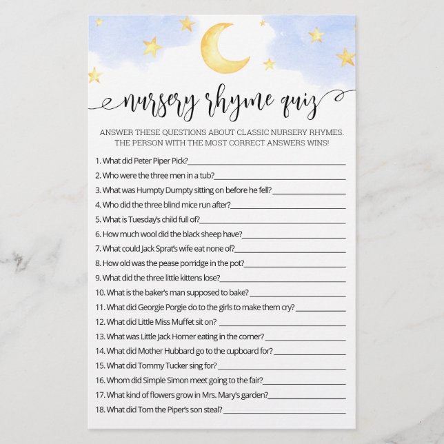 Nursery Rhyme Quiz Baby Shower game with Answers (Front)