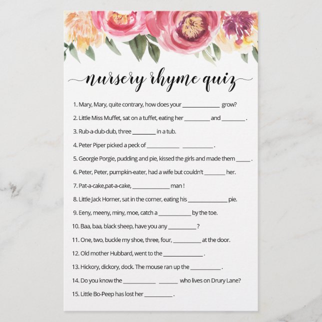 Nursery Rhyme Quiz Baby Shower game with Answers (Front)
