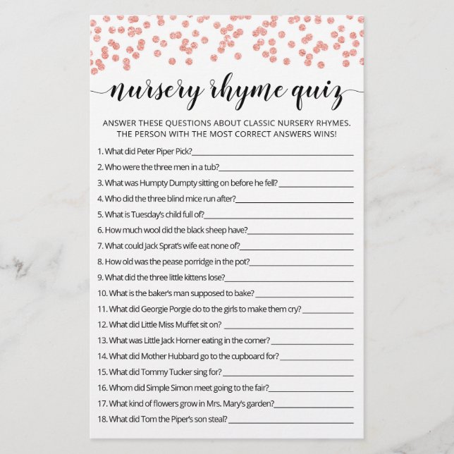 Nursery Rhyme Quiz Baby Shower game with Answers (Front)