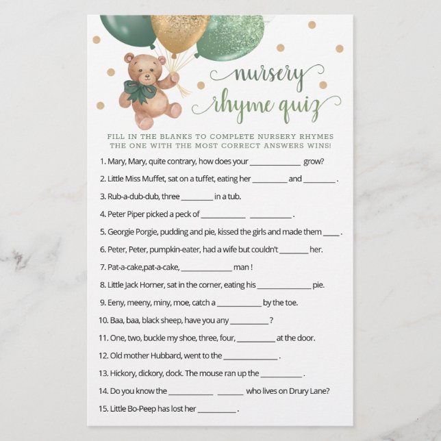 Nursery Rhyme Quiz Game Baby Shower Teddy Bear  (Front)