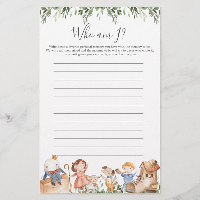 Nursery Rhymes Baby Shower Who Am I Game (Front)