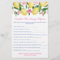 Nursery Rhymes Game Card For Lemons Baby Shower