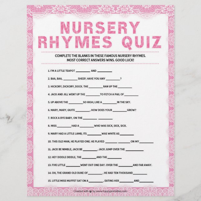 Nursery Rhymes Quiz [Luxury Lace [Pink]]  Custom Letterhead (Front)
