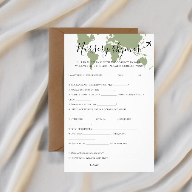 Nursery Rhymes Quiz Travel World Map Baby Shower Flyer (nursery rhymes quiz world map travel themed baby shower)