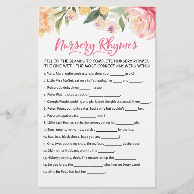Nursery Rhymes with Answers Baby Shower Party Game (Front)