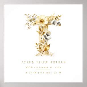 Nursery Romantic Floral T Letter Gold Effect Poster