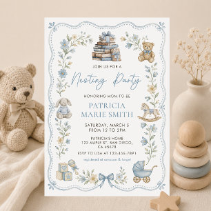 Nursery Toys Blue Floral Nesting Party Invitation