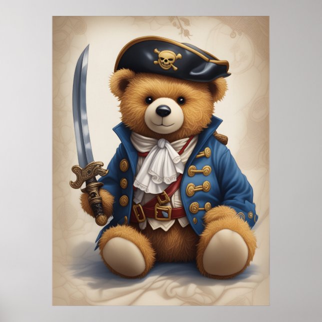 Nursery Wall Art Poster of a Teddy Bear Pirate (Front)