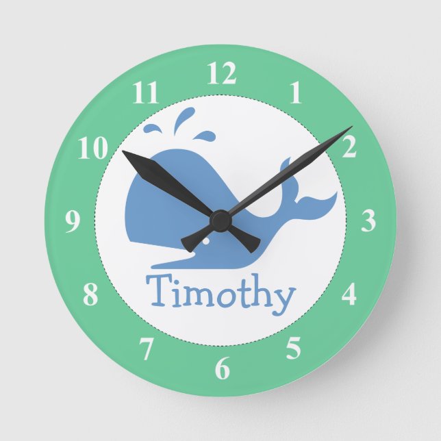 Nursery wall clock with whale print and baby name (Front)