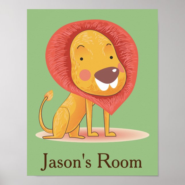 Nursery Yellow Orange cute lion personalised Poster (Front)