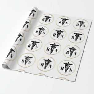 Nurses Caduceus Black and Gold Wrapping Paper