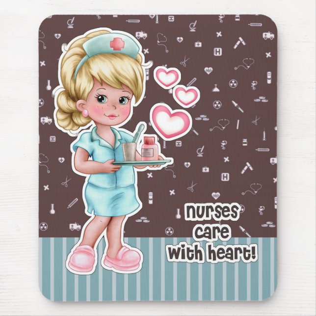Nurses care with Heart. Cute Blonde Nurse Mouse Pad (Front)