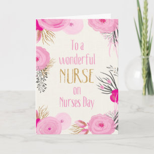 Nurses Day - Pretty Pink Flowers and Gold Sparkle Card