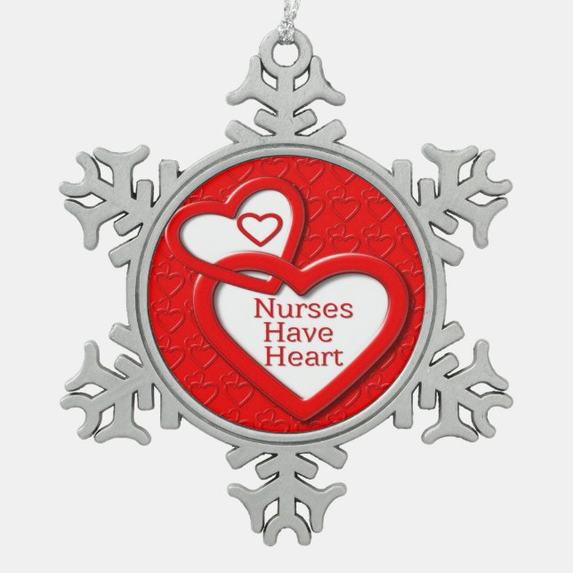 Nurses Have Heart Red Hearts Snowflake Pewter Christmas Ornament (Front)