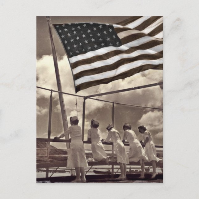 Nurses Looking at an Island 1945 Postcard (Front)